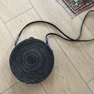 Rattan Circle Crossbody Purse in Black with Leather Strap